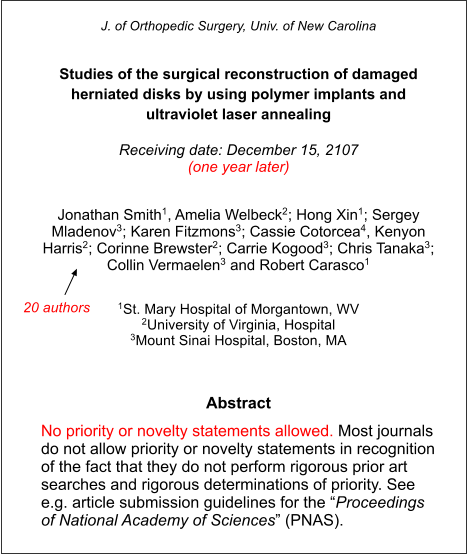 J. of Orthopedic Surgery, Univ. of New Carolina    Studies of the surgical reconstruction of damaged herniated disks by using polymer implants and  ultraviolet laser annealing  Receiving date: December 15, 2107  (one year later)   Jonathan Smith1, Amelia Welbeck2; Hong Xin1; Sergey Mladenov3; Karen Fitzmons3; Cassie Cotorcea4, Kenyon Harris2; Corinne Brewster2; Carrie Kogood3; Chris Tanaka3; Collin Vermaelen3 and Robert Carasco1      1St. Mary Hospital of Morgantown, WV 2University of Virginia, Hospital 3Mount Sinai Hospital, Boston, MA   Abstract No priority or novelty statements allowed. Most journals do not allow priority or novelty statements in recognition of the fact that they do not perform rigorous prior art searches and rigorous determinations of priority. See e.g. article submission guidelines for the “Proceedings of National Academy of Sciences” (PNAS). 20 authors